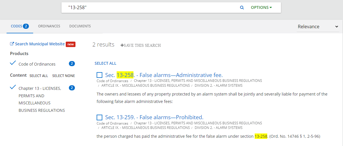 Results of a section number keyword search with quotation marks.