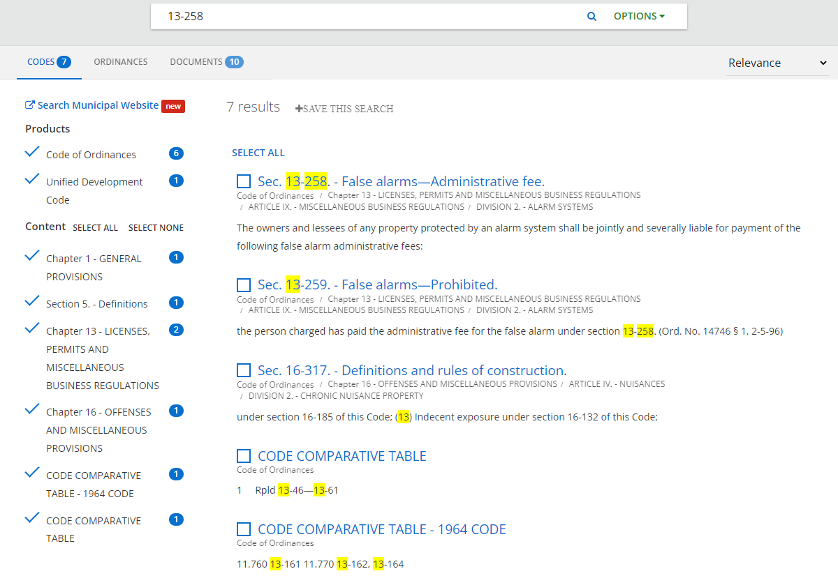 Results of a section number keyword search without quotation marks.
