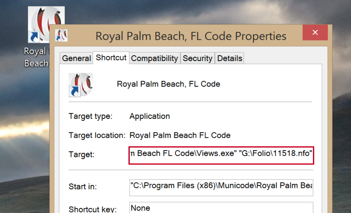 target filepath box in the shortcut properties dialog