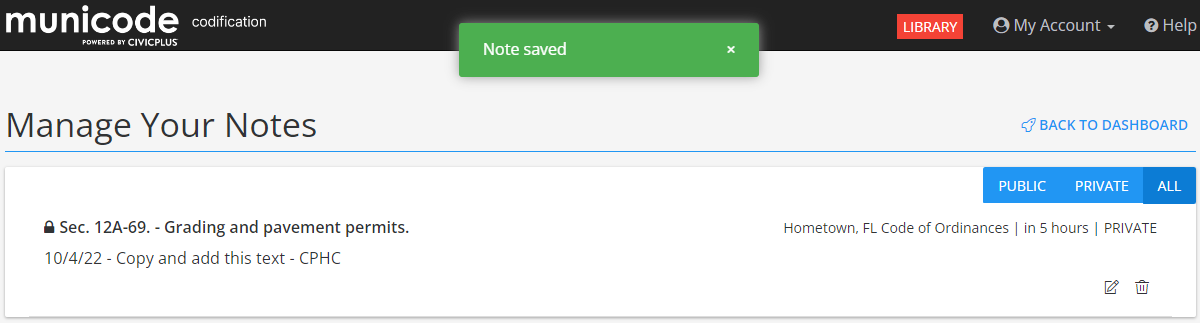 note saved message